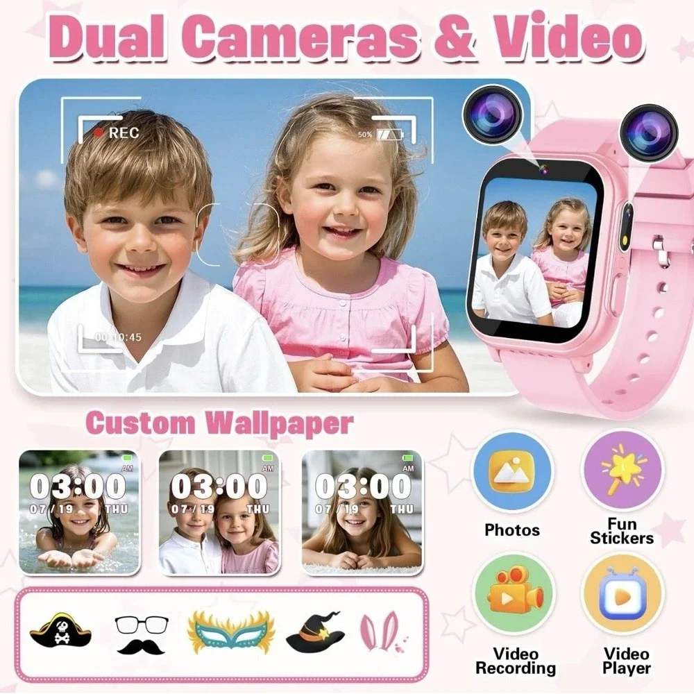 Vakzovy Girls Pink Waterproof Kids Smart‎ Watch With Dual Camera, Music & Games